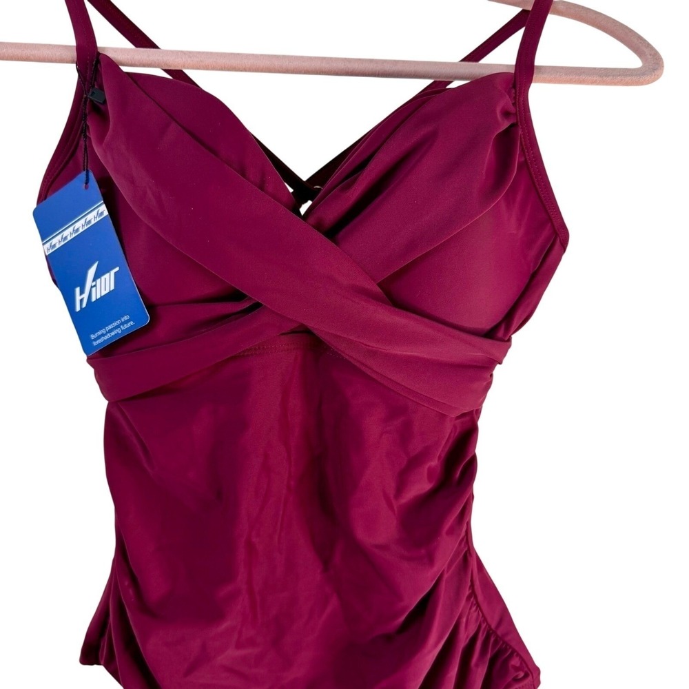 Hilor Tankini Top Women 8 Burgundy Crossover Ruched Tummy Control Swim 0570